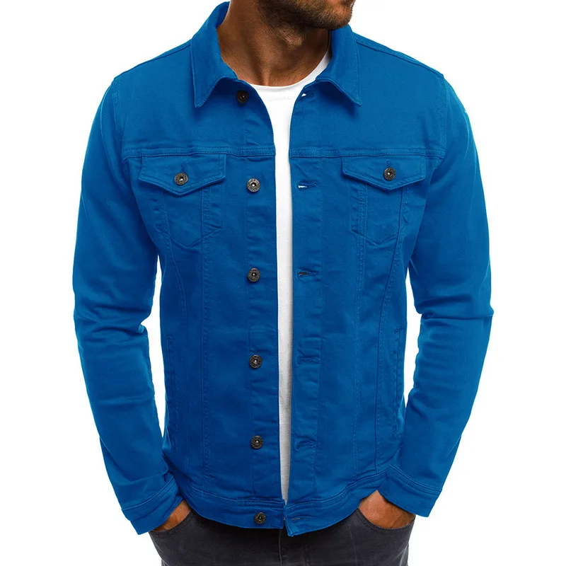 Брендовые облегающие мужские узкие джинсы, куртки, модная Уличная Повседневная джинсовая куртка с отложным воротником, однобортные однотонные джинсовые пальто - Цвет: blue jeans1