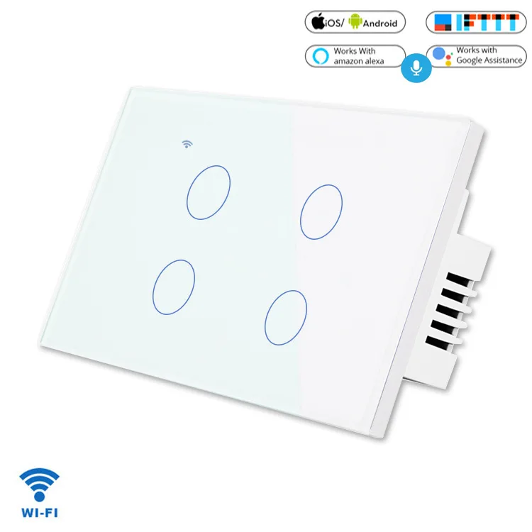 4gang white Нам Стандартный Wi-Fi настенный сенсорный выключатель, 1/2/3/4Gang 1Way с украшением в виде кристаллов Стекло Панель Tuya/приложение Smart Life дистанционного Управление светильник переключатель - Цвет: 4gang white