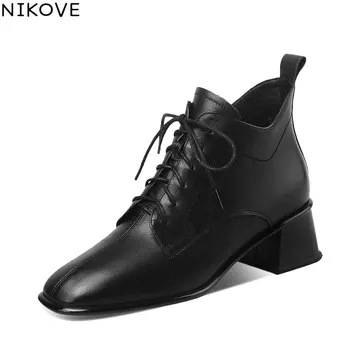 

NIKOVE 2021 Square Toe Lace Up Women Pumps High Quality Cow Leather Ladies Shoes Square High Heel Fashion Ankle Boots Size 34-41