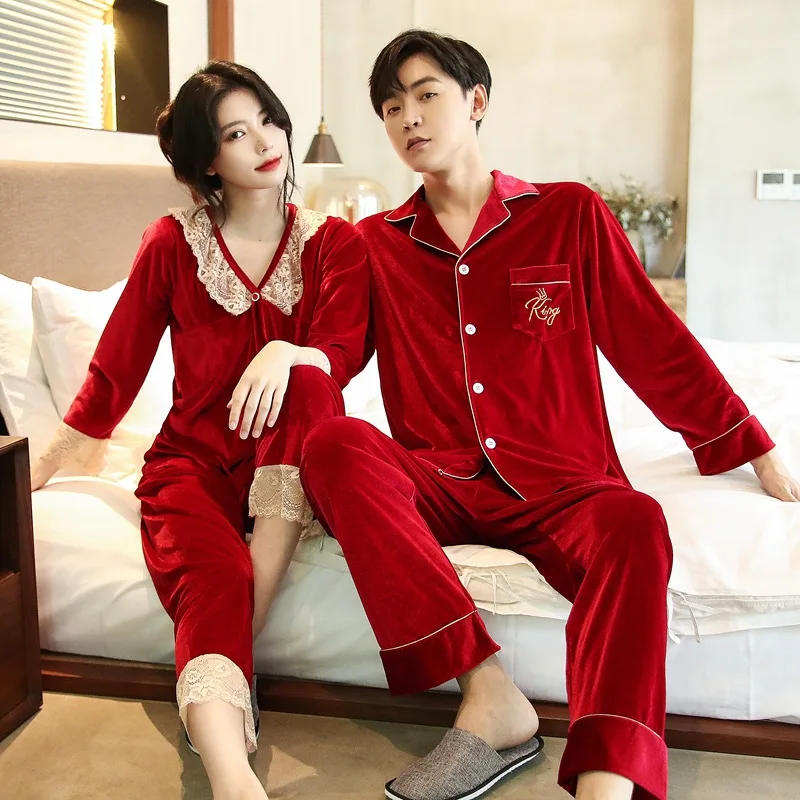 Kupokasi Warm Velvet Women Man Pajamas Set Autumn Winter Sleepwear Long Sleeves Couple Pyjama Female Lace Nightwear