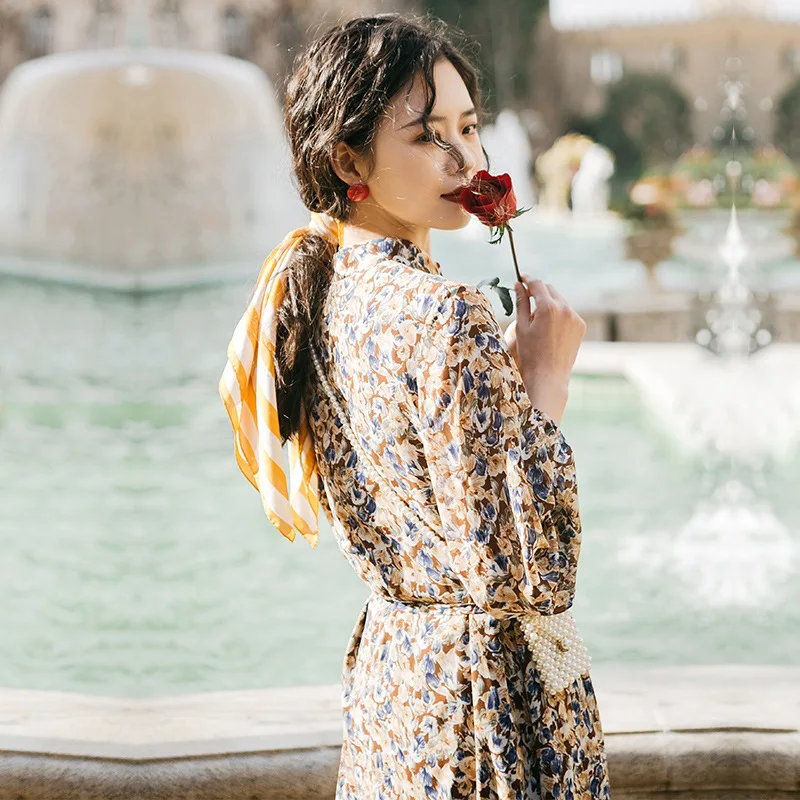 

2020 Spring Clothing New Style South Korea Mid-length Vintage Underwear Elegant Slimming Chiffon Floral Dress Women's