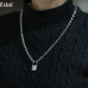 

Exknl Stainless Steel Gold Silver Color PadLock Pendant Necklaces Brand Punk Hip hop Chain lock Necklaces collar collier femme