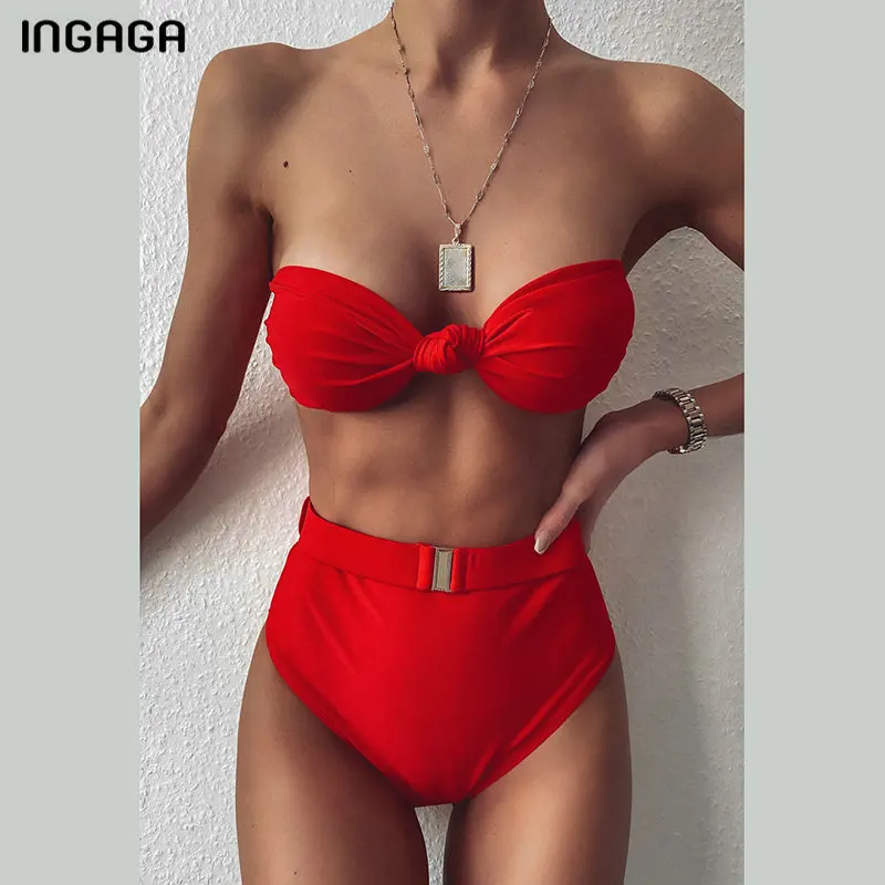 INGAGA Высокая Талия бикини 2021 купальник женский Бикини бандо Biquni Maillot De Bain