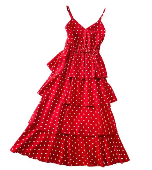 Ruffled Women's Princess Polka Dot Dress Sling Elastic Waist Mid-calf Ladies Fairy Summer Vestidos DV323 | Женская одежда