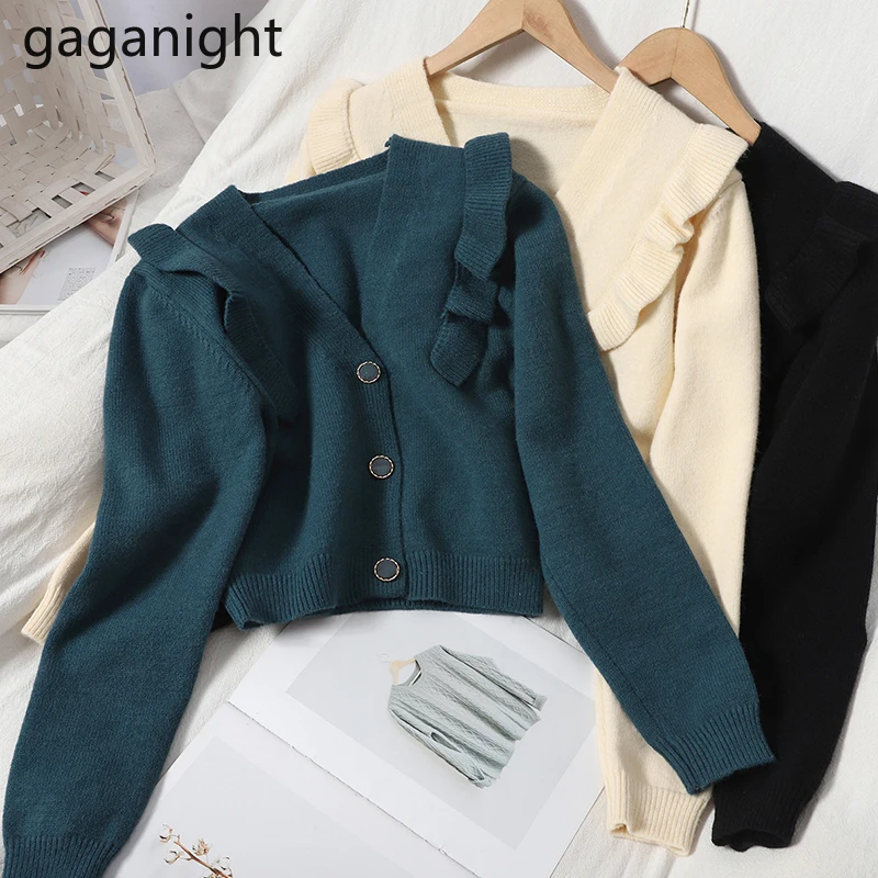 GAGANIGHT Sweet Cropped Cardigan Solid V-neck Stringy Selvedge Knitted Girls Autumn Winter Korean Fashion Outwear Tops |