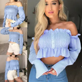 

Womens Off Shoulder Tops Blouse Button Ruffle Long Sleeve Shirts Crop Cami Tops/