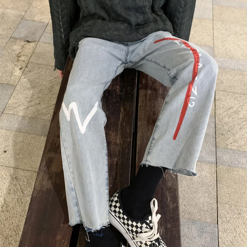 Promotion Hip Hop Jeans Men's Fashion Printed Casual Cotton Straight Jean Pants Men Streetwear Wild Loose Denim Trousers Mens S-2XL
