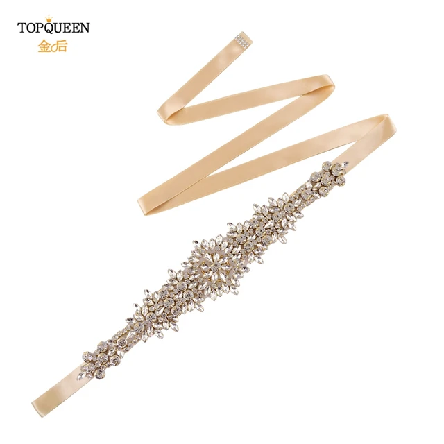 TOPQUEEN S319-G Luxury Bridal Belt Gold Rhinestone Applique Wedding Accessories Women Diamond Sash Moroccan Caftan Decoration champange ribbon