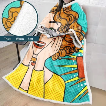 

Cute Graffiti Printing Couch Blanket with Sleeves Soft Cozy Fleece Double-sided Blanket Winter Warm Thicken Cover Blanket