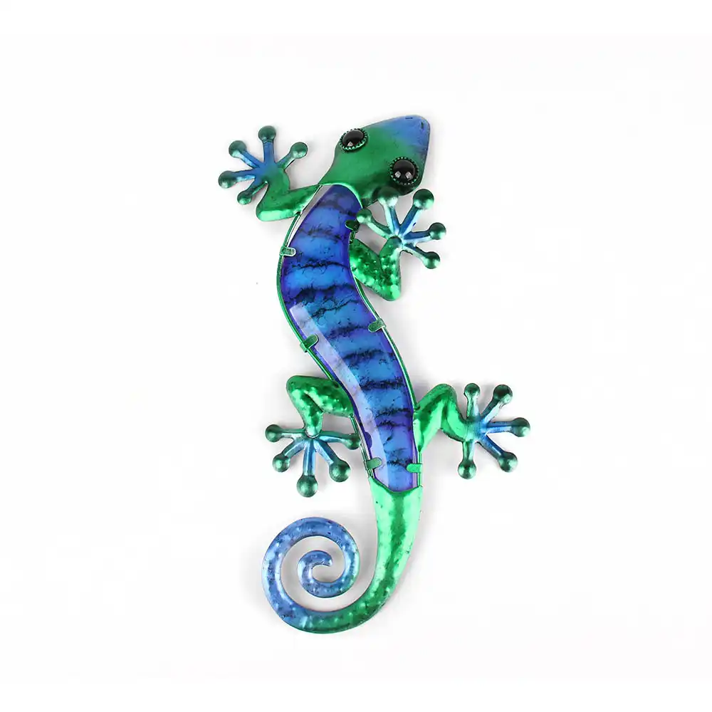 Metal Lizard Wall Art with Green Glass Painting for Garden Outdoor Decoration Animal Statues and