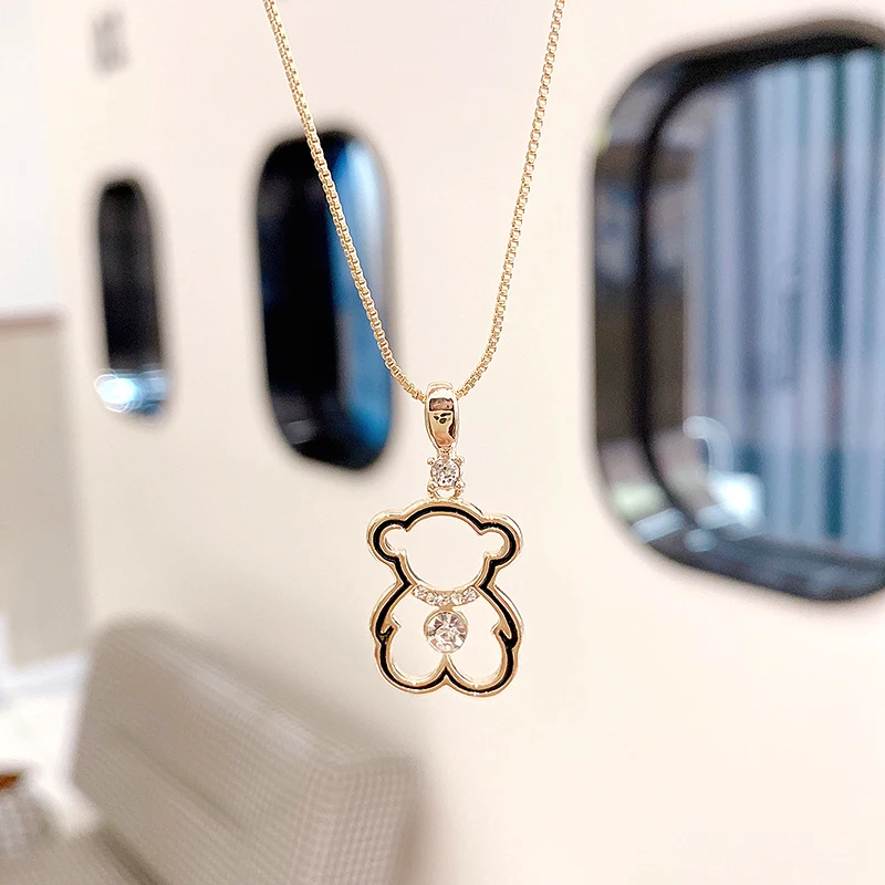 Trendy Charm 14k Real Gold Cute Little Bear Pendant Necklace for Women High Quality Temperament Jewelry Chain AAA Zirconia Party