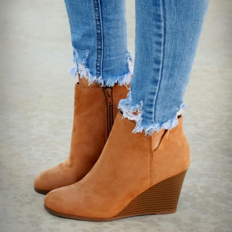 

Fast shipping Women Boots Shoes Comfortable Wedges Heel Boots Female Zipper Short Boots Leather Ankle Boots Dropshipping