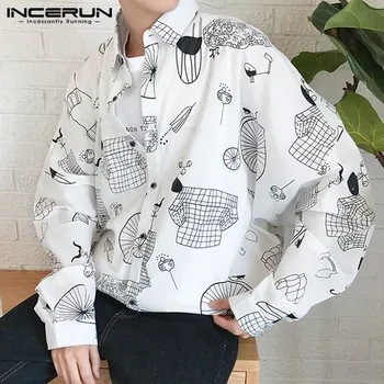 

INCERUN Fashion Men Lovely Printed Long Sleeve Lapel Casual Shirts Korean Literary Baggy Mens Blouse Small Fresh Button Tops 5XL
