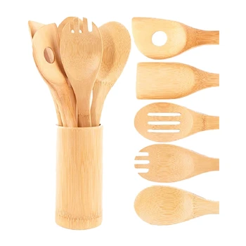 

Bamboo Wooden Spoons & Spatulas Set-5 Pieces Kitchen Cooking Utensils and 1 Holder,Heat Resistant for Non Stick Cookware