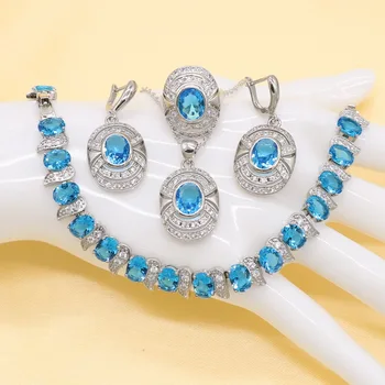 

Blue Fashion Jewelry Set for Ladies Ring High Quality Beautiful Round Baguette Shape Cubic Zirconia Necklace Pendant Earrings