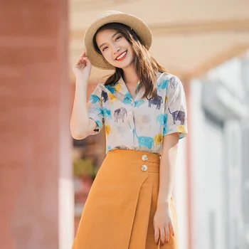 

INMAN 2020 Summer New Arrival Pure Cotton Elephant Print Casual Fashion Short Sleeve Blouse