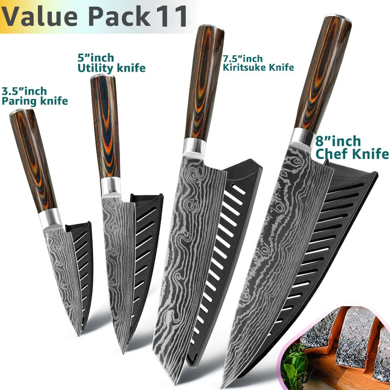 Value Pack 11 Кухонный нож 8 дюймов, японские ножи шеф-повара 7CR17 440C из высокоуглеродистой нержавеющей стали, дамасский чертежный универсальный набор сантоку, Кливер - Цвет: Value Pack 11