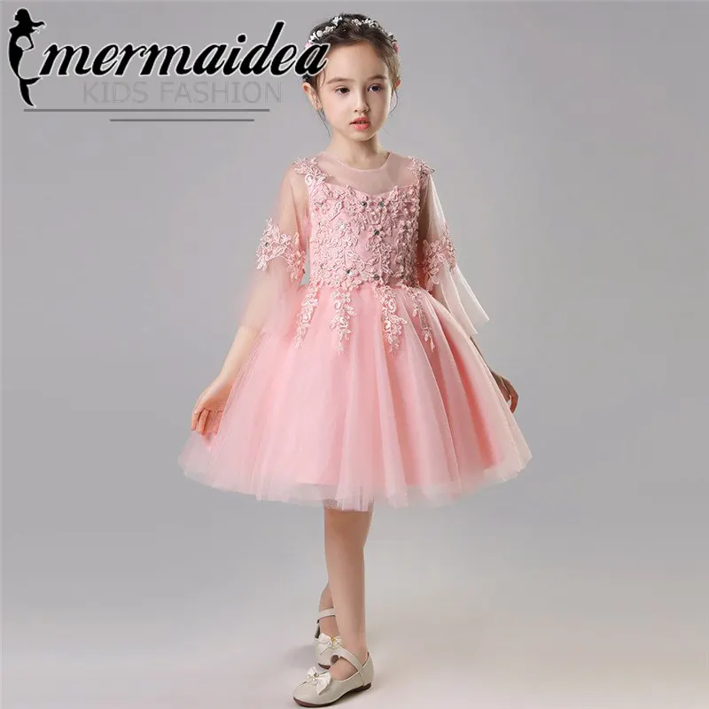 pink short dress Роскошное кружевное платье с вышивкой и бисером для маленьких детей от 3 до 14 лет, платье для свадьбы, дня рождения, выпускного вечера детское Сетчатое платье-пачка в подарок - Цвет: pink short dress