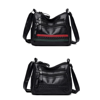 

Multi-pocket Large Zip Shoulder Bags Women Leather Striped Crossbody Bags