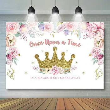 

Princess Birthday Party Backdrop Gold Glitter Crown Floral Photo Background Once Upon a Time Princess Birthday Party Decor