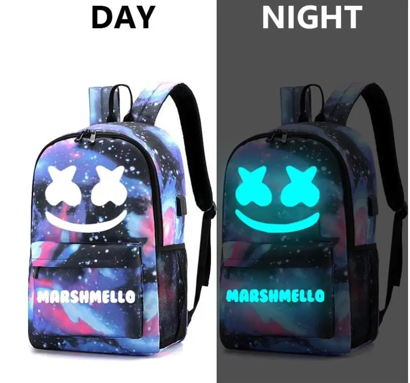 Рюкзак Marshmello с usb-зарядкой, рюкзак для ноутбука с защитой от ТЕФА, светящаяся сумка, школьная сумка для мальчиков и девочек-подростков, Повседневная дорожная сумка Mochilas