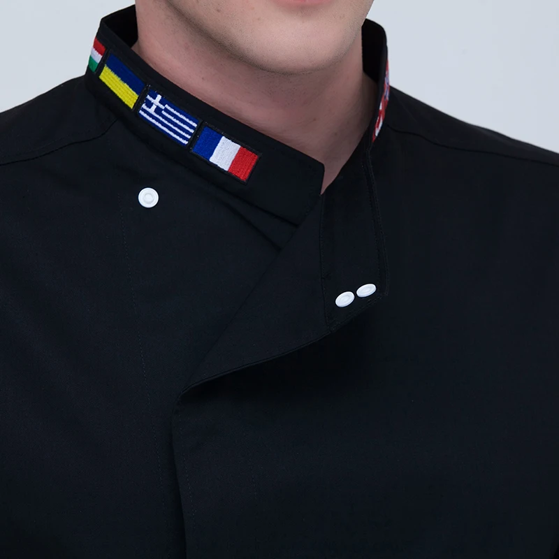 Chef Uniform High Quality Black White M-4XL Women Men Short-sleeve Oblique Embroidery Collar Kitchen Hotel Chef Jacket