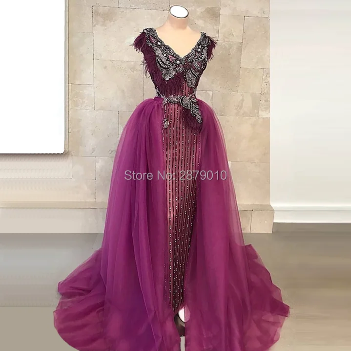 

Plum A-Line V-Neck Long Evening Dress Floor-Length Women Dress Tulle Appliques Beaded Sequined Prom Dress Formal Dress Zipper