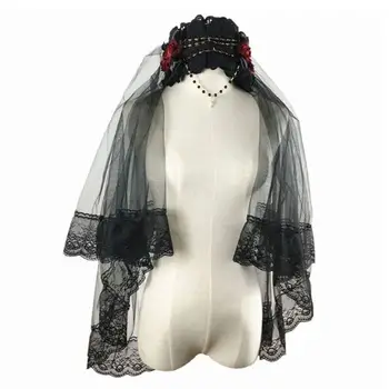 

2 Layer Rose Artificial Beads Chain Decor Wedding Veil Floral Lace Rim Black Tulle Mesh Headband for Women Halloween