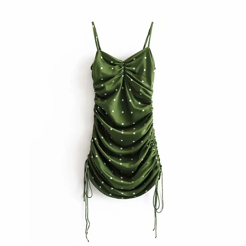 Зеленое мини-платье женское без рукавов vestidos элегантное корейское платье летнее платье в горошек с рюшами винтажные сексуальные платья лето - Цвет: Зеленый