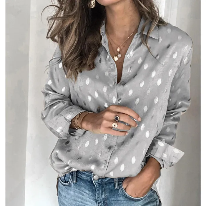 Women Blouse Long Sleeve Turn-down Collar Shirt Elegant Office Blouse Loose Casual Dot print Gold Silver Button Korean Workwear