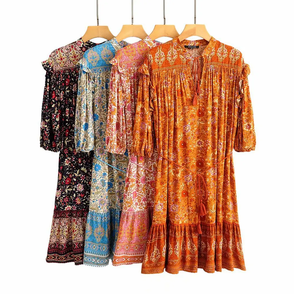 

Europe And America Women's Dress 2020 Spring New Style Vacation Style Tassels Lace-up Positioning Floral Printed Dress a + 136
