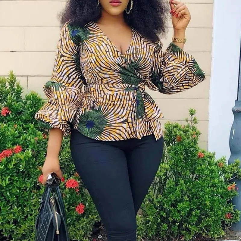 

Plus Size Color Block Print V-Neck Blouse African Office Lady Lantern Sleeve Vintage Elegant Retro Shirt 2019 Winter Clothing