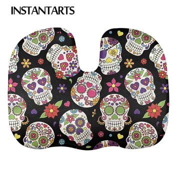 

INSTANTARTS Sugar Skull Girly Skeleton Floral Printed Stylish Car Accessories Car Seat Booster Cushion Washable Seat Cushion