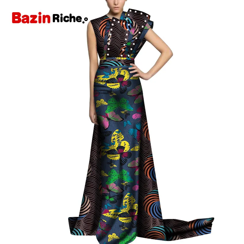 Новые Bazin Riche Африканские свадебные платья для женщин Дашики печати жемчуг Платья для вечеринок Vestidos африканская одежда для женщин WY5152