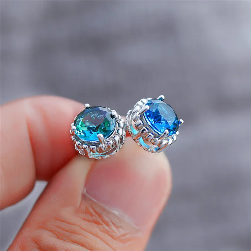 Милые женские круглые радужные Кристаллы серьги-гвоздики модные серебряные свадебные серьги классические синие зеленые серьги с красным камнем для женщин