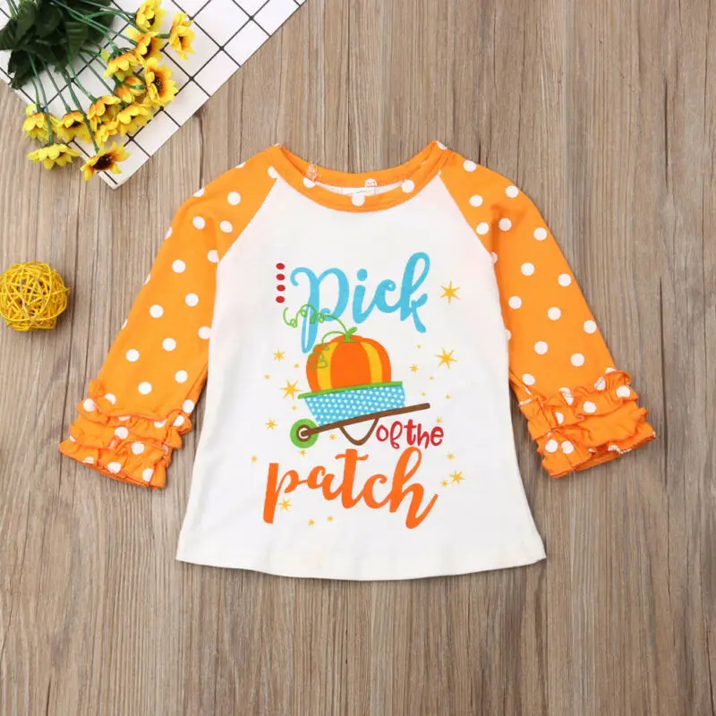 

Halloween Theme Infant Baby Girl Clothes Dot Long Sleeve Pumpkin Print Ruffle T-shirt Autumn Clothes