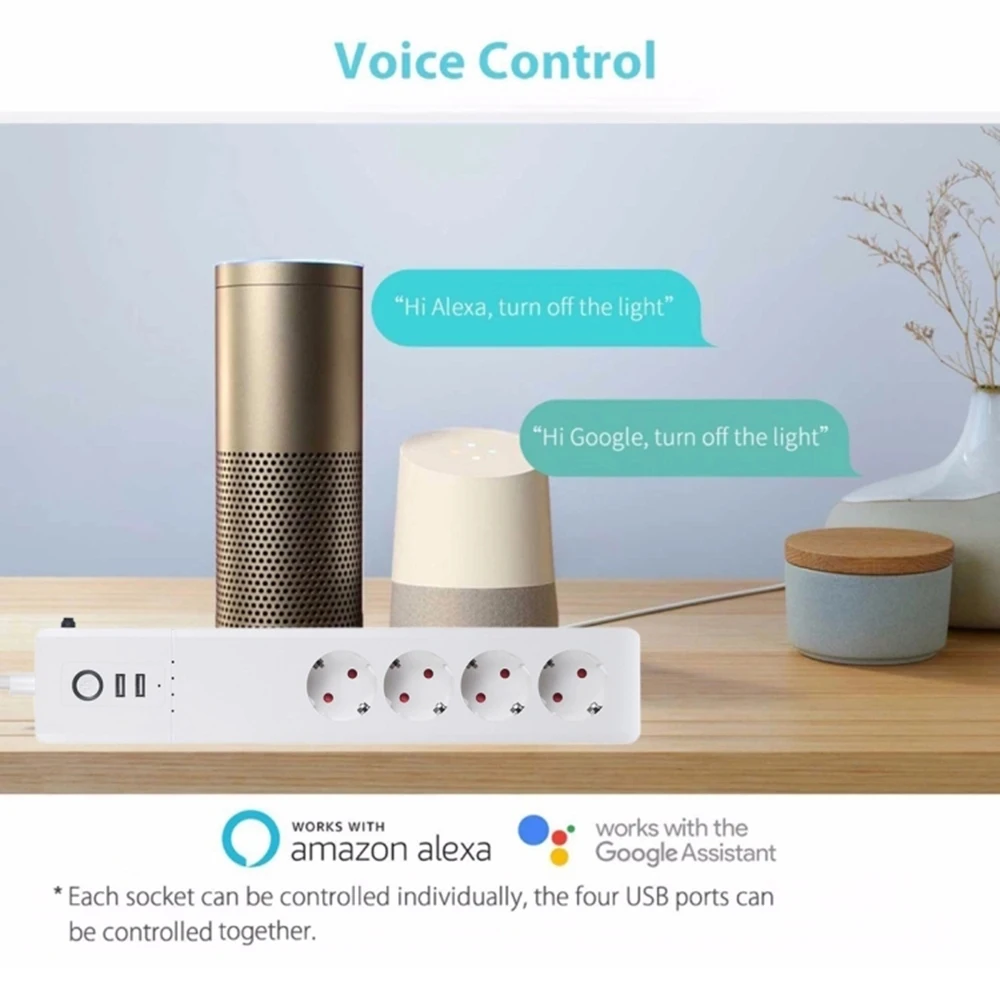 Wifi смарт-сетевой фильтр, защита от перенапряжения, штепсельная вилка европейского стандарта, розетки с USB зарядным устройством, удлинитель 1,5, работает с Google Home Alexa