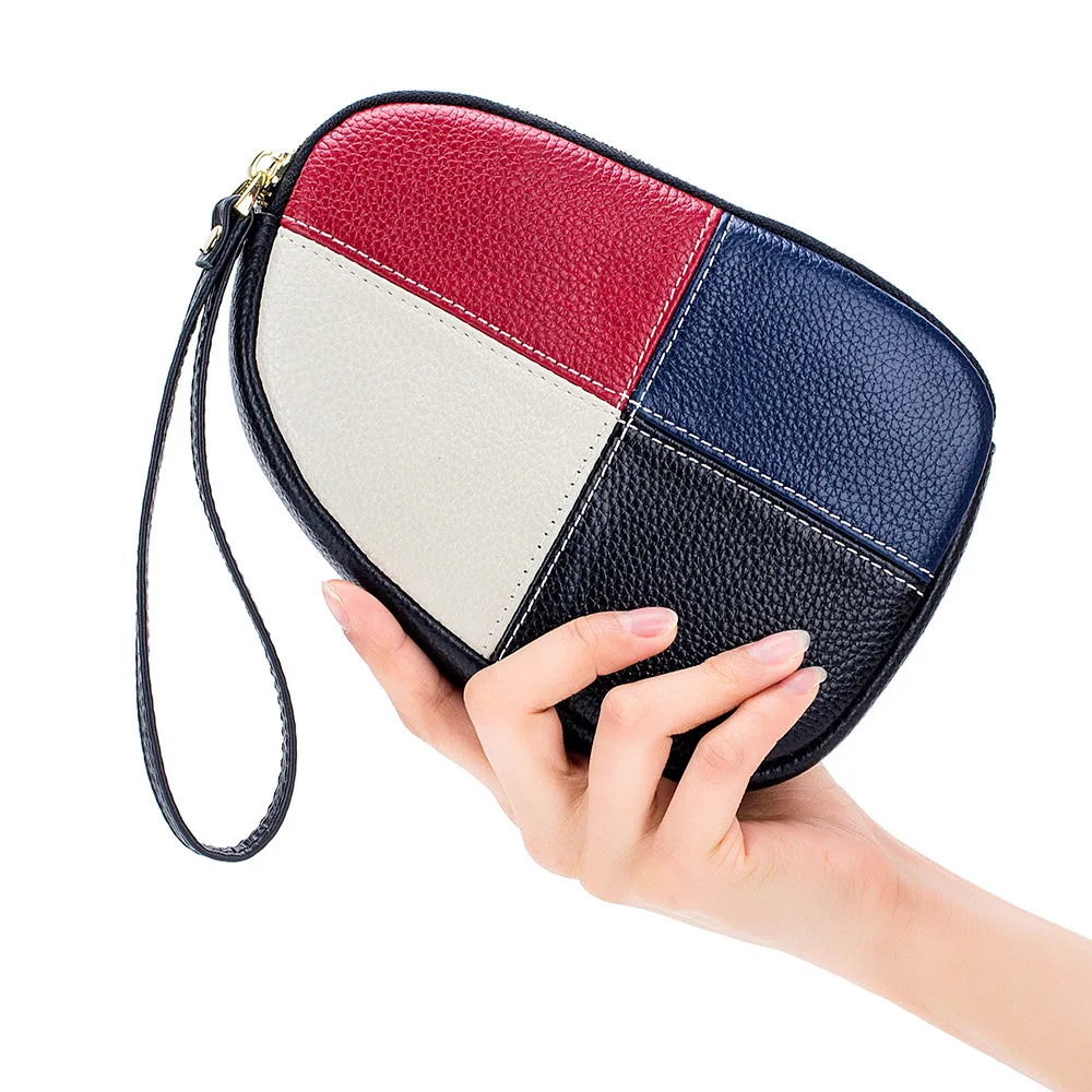

Large Capacity 4 Contrast Colors 1 Zipper Pocket 3 Card Slots Full Grain Clutch Bag Women Removable Strap Handbag Purse