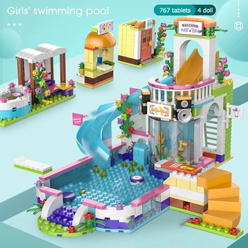 

587PCS Supermarket Swimming Pool Bricks Secret Tree House Building Blocks Compatible Friends Girls Educational Toys For Children