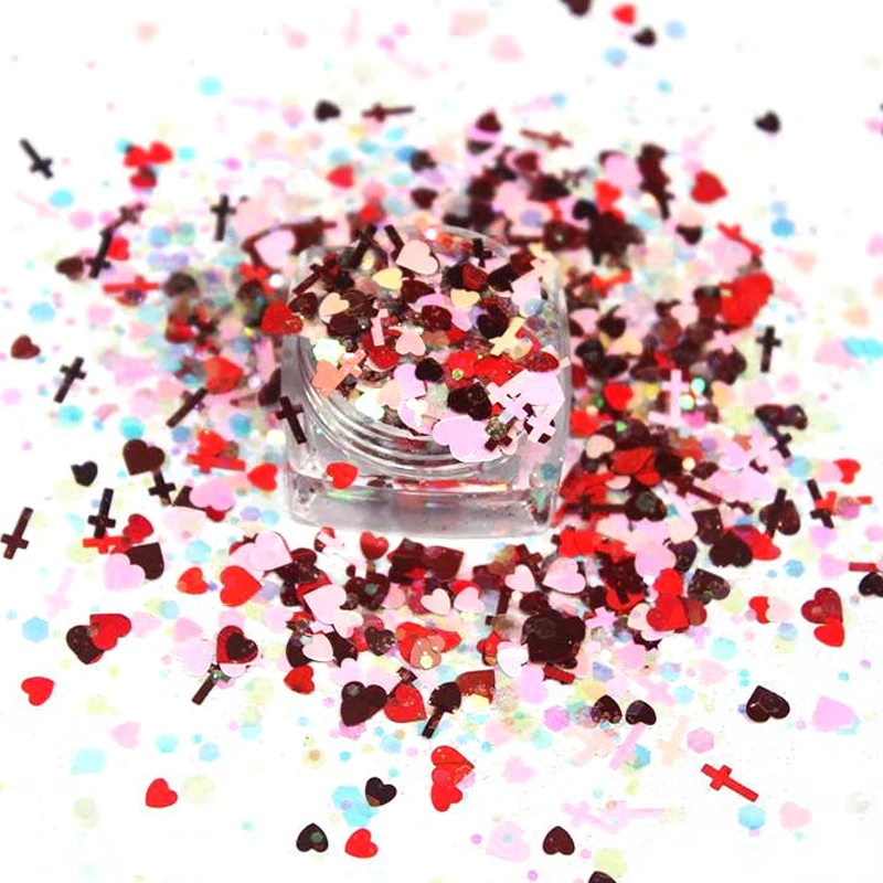 

50g-1.76oz/Bag.Mixed Colors Glitter Powder For Valentina's Day Heart Shape Mixed Cross Heart Sequins Nail Art For Manicure Carft
