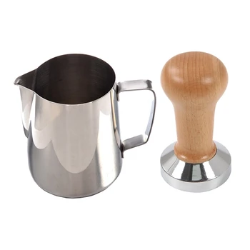 

1Pcs Coffee Garland Cup Latte Jug,Stainless Steel (350Ml) & 1Pcs Coffee Tamper Wooden Handle Espresso Machine Grinder