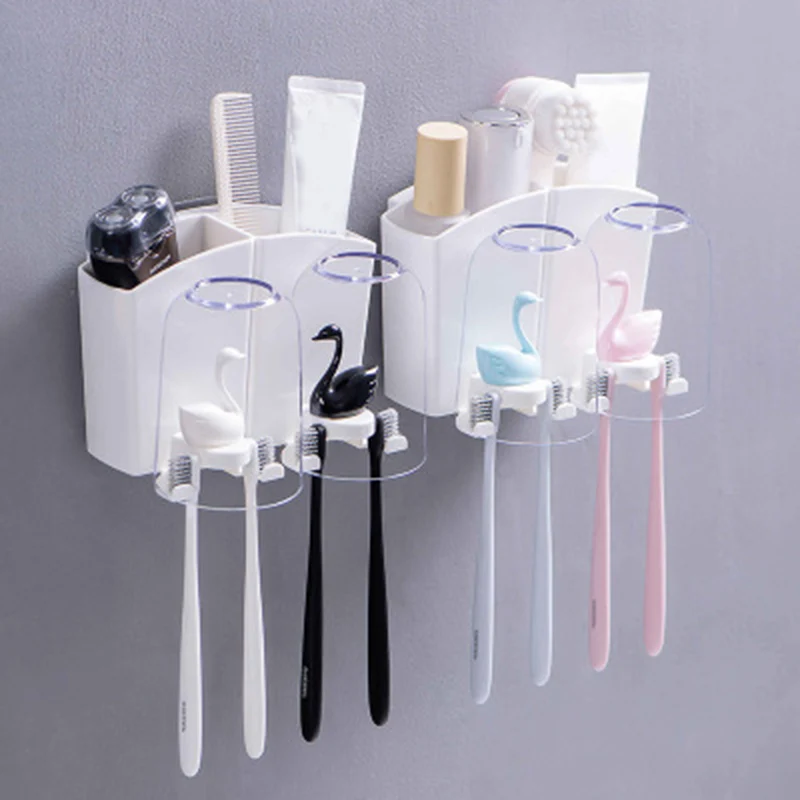 

Wall-mounted Cat Toothbrush Rack Wall Bathroom Mouth Opening Set Punch-free Cute Swan Tooth Cup Holder Portaspazzolino RT99