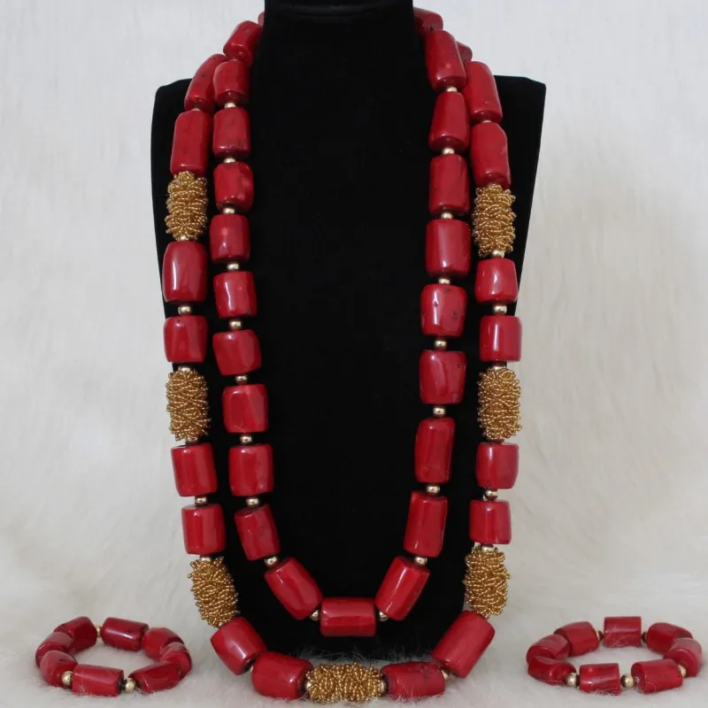 Red and Gold Dudo ювелирные изделия 34 дюйма 15-23 мм природа Коралловые бусы нигерийские Свадебные Африканский Свадебный набор украшений для женщин Красный/винный и золотой - Окраска металла: Red and Gold