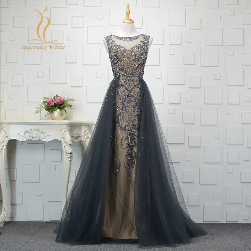

Navy Blue Evening Dresses with Overskirt 2020 New Sexy Sheer Neck Backless Long Formal Celebrity Prom Gowns Real Photos ZD1015