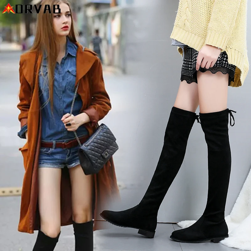 Women Boots Thigh High Boots High Quality Elasticity Flock Platform Autumn Winter Over The Knee Boots Black Fur Warm Shoes Woman