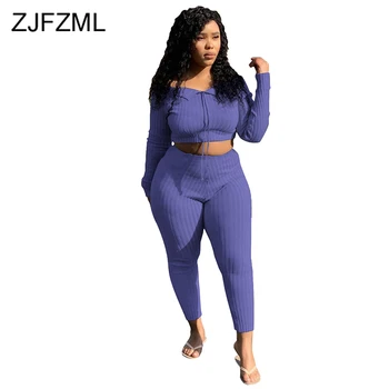 

Causal Ribbed 2 Piece Set Autumn Winter Clothes for Women Off Shoulder Ruffles Crop Top and Skinny Pants Solid Plus Size Set