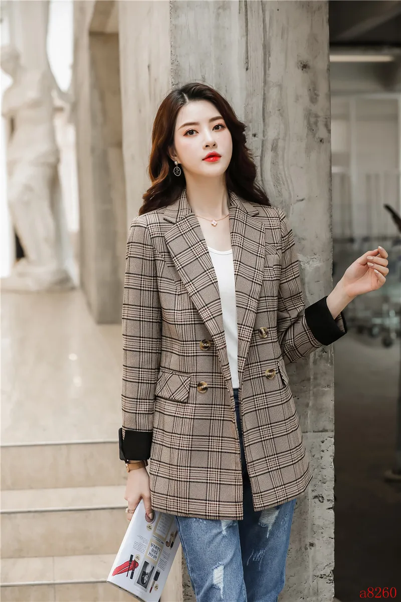 High Quality Autumn and Winter Fashion Casual Khaki Plaid Blazer Women Coat& Jackets Office Ladies Clothes OL Styles