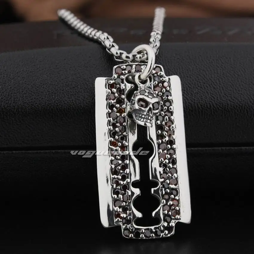 

925 Sterling Silver Razor Blade Dog Tag Red CZ Skull Mens Biker Punk Pendant 8Q025