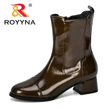 

ROYYNA 2019 New Designer Patent Heel Women Mid-Calf Boots Fall Winter Ladies Boots Large Size Fashion Shoes Feminimo Comfortable