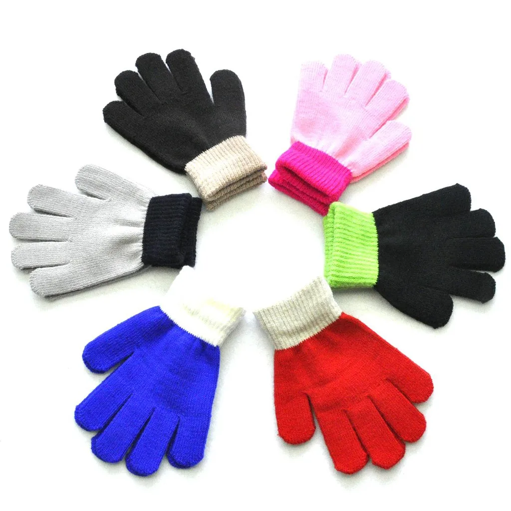 Волшебные Зимние перчатки для детей, теплые вязаные перчатки с цветными блоками, однотонные хлопковые мягкие модные привлекательные перчатки